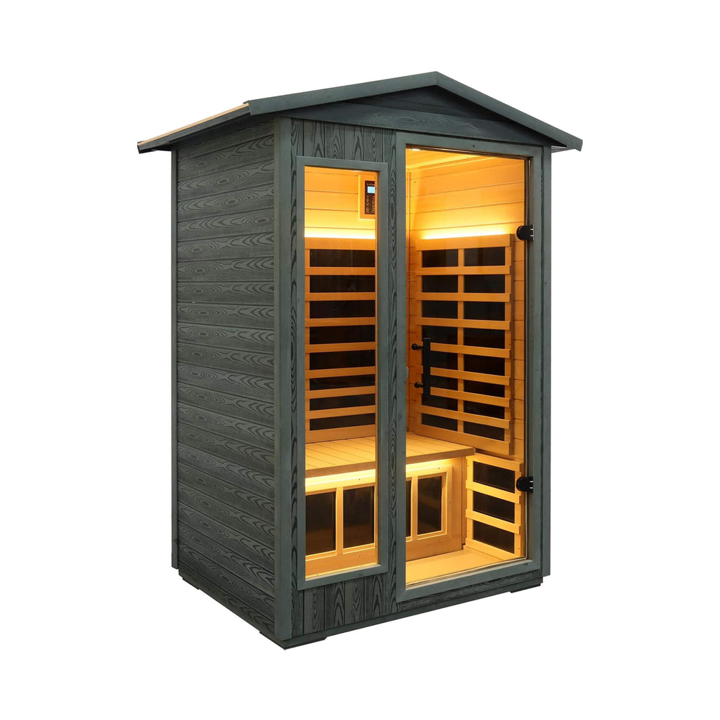 Thermora Riva 2-Person Black Carbonized Walnut Low EMF Far Infrared Outdoor Sauna with Bluetooth Audio and LED Lighting