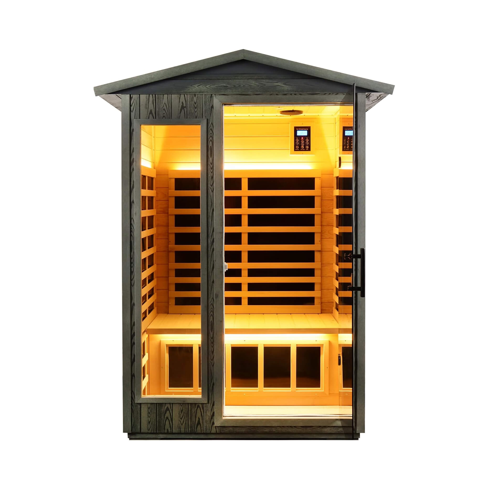 Thermora Riva 2-Person Black Carbonized Walnut Low EMF Far Infrared Outdoor Sauna with Bluetooth Audio and LED Lighting