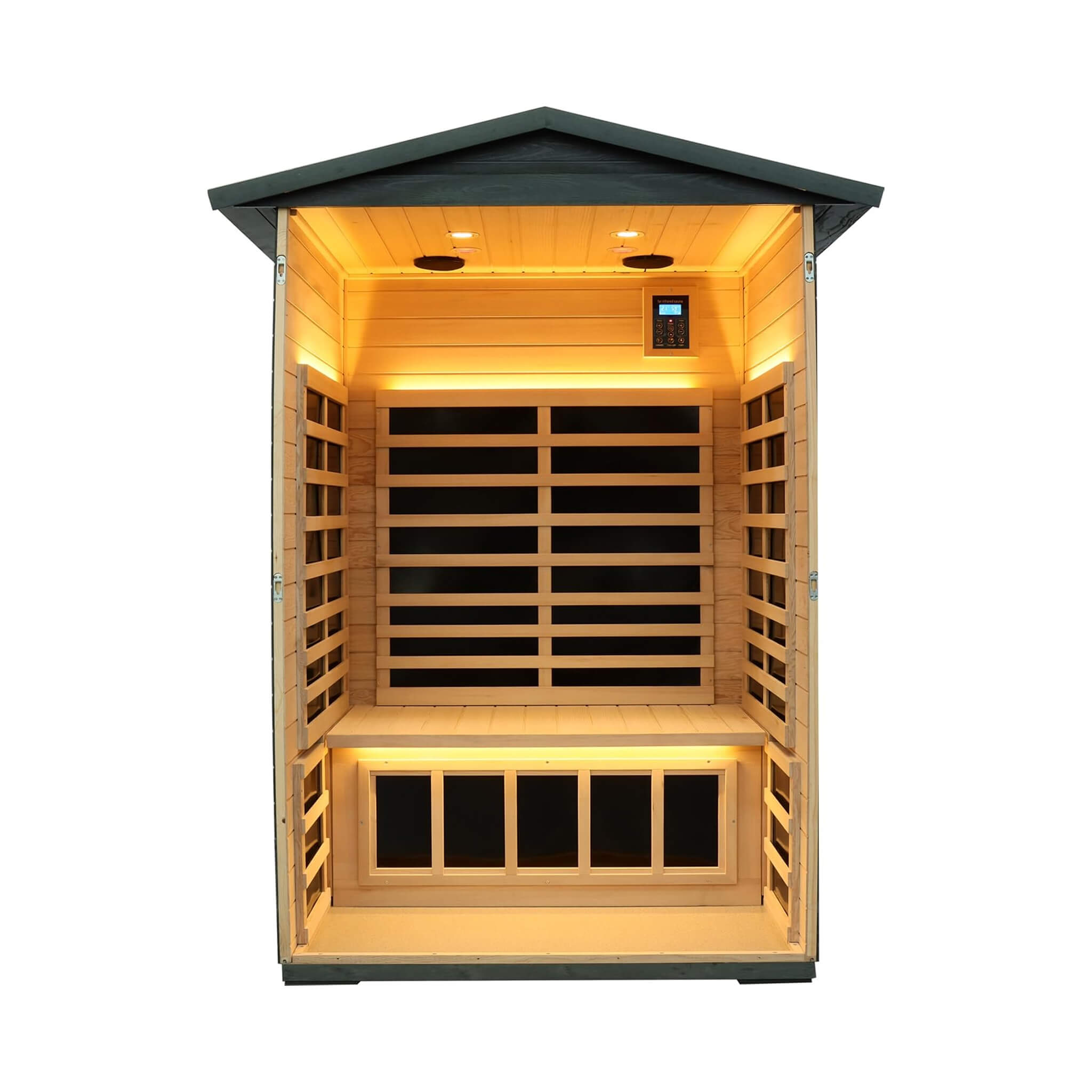 Thermora Riva 2-Person Black Carbonized Walnut Low EMF Far Infrared Outdoor Sauna with Bluetooth Audio and LED Lighting